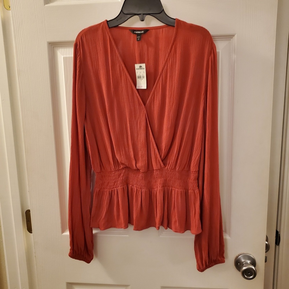 Express sz S Red/Rose Pink faux wrap top long slv blouse NWT casual career basic